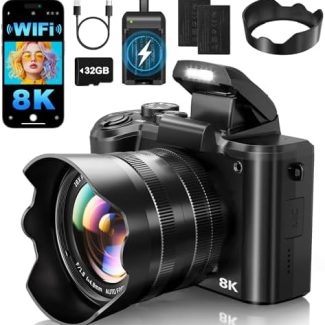 8K Digital Cameras for Photography - Autofocus 88MP WiFi Profession Camera with Dual-Lens - 16X Digital Zoom Photography Camera for YouTube with Lens Hood, Touch Screen, 2 Batteries & Charging Stand